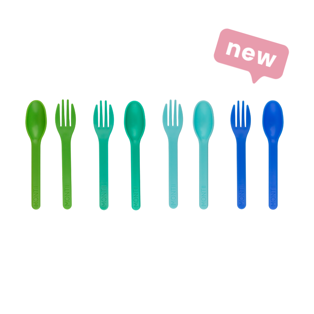 NZ best kids cutlery fork spoon baby toddler kid child childs Montii Monti Monty sale special discount code lunchbox queen reusable recyclable
